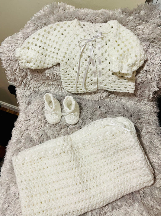 Christening Sweater, Booties, and Blanket Set
