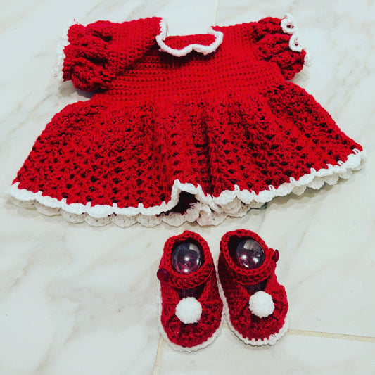 Red Baby Crochet Dress Set | Matching Dress Shoe Set for Holiday or Birthday Party